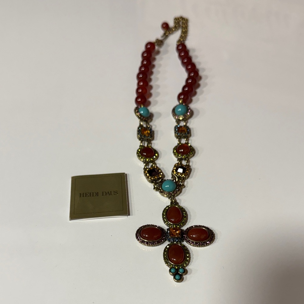 Heidi Daus Brown and Turquoise Cross Pendant Necklace
